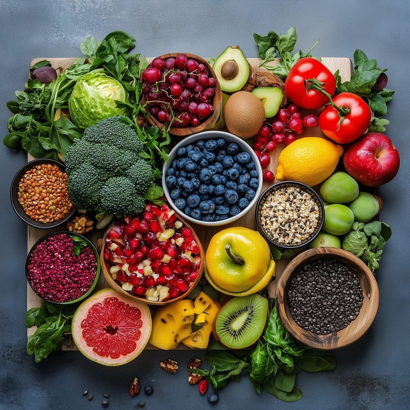 Assortment of fresh fruits, vegetables, grains, and nuts arranged on a wooden cutting board - representing healthy nutrition choices